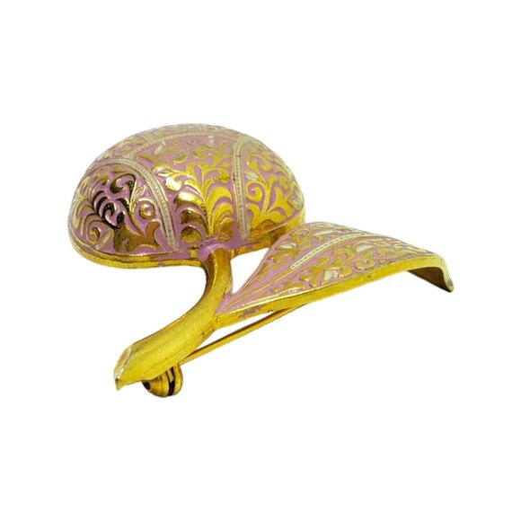 Vintage Estate Pink Enamel Damascene Cherry Brooch Gold Tone 2 1/8" Fruit Pin - Picture 6 of 9